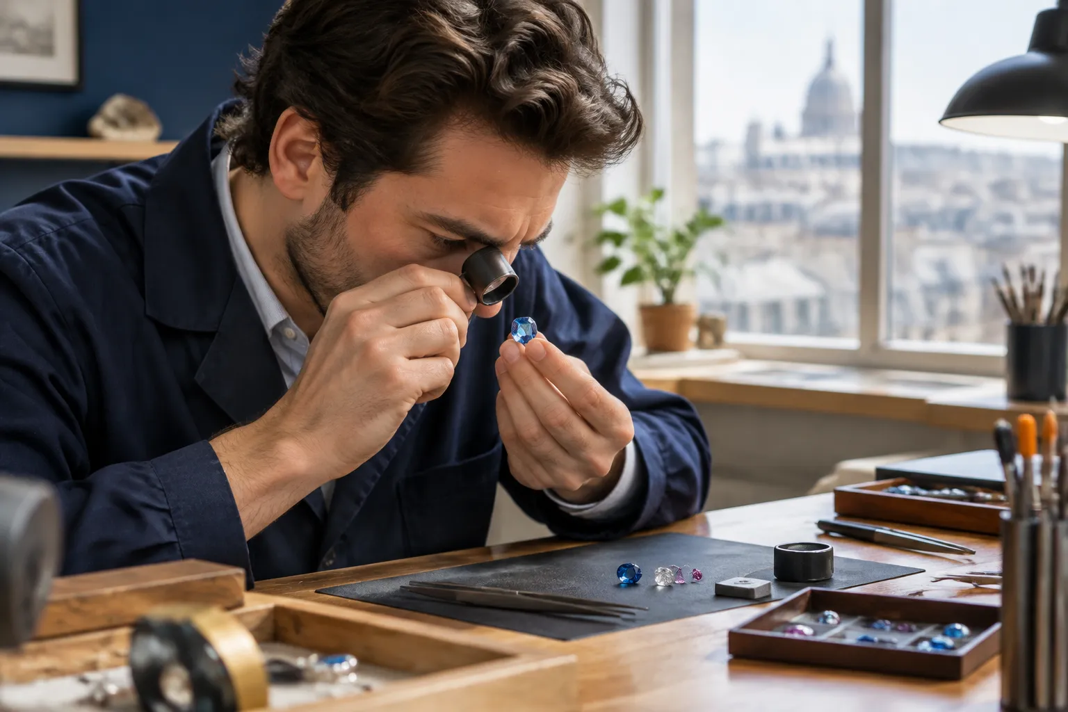 Expert examine une gemme bleue avec une loupe.