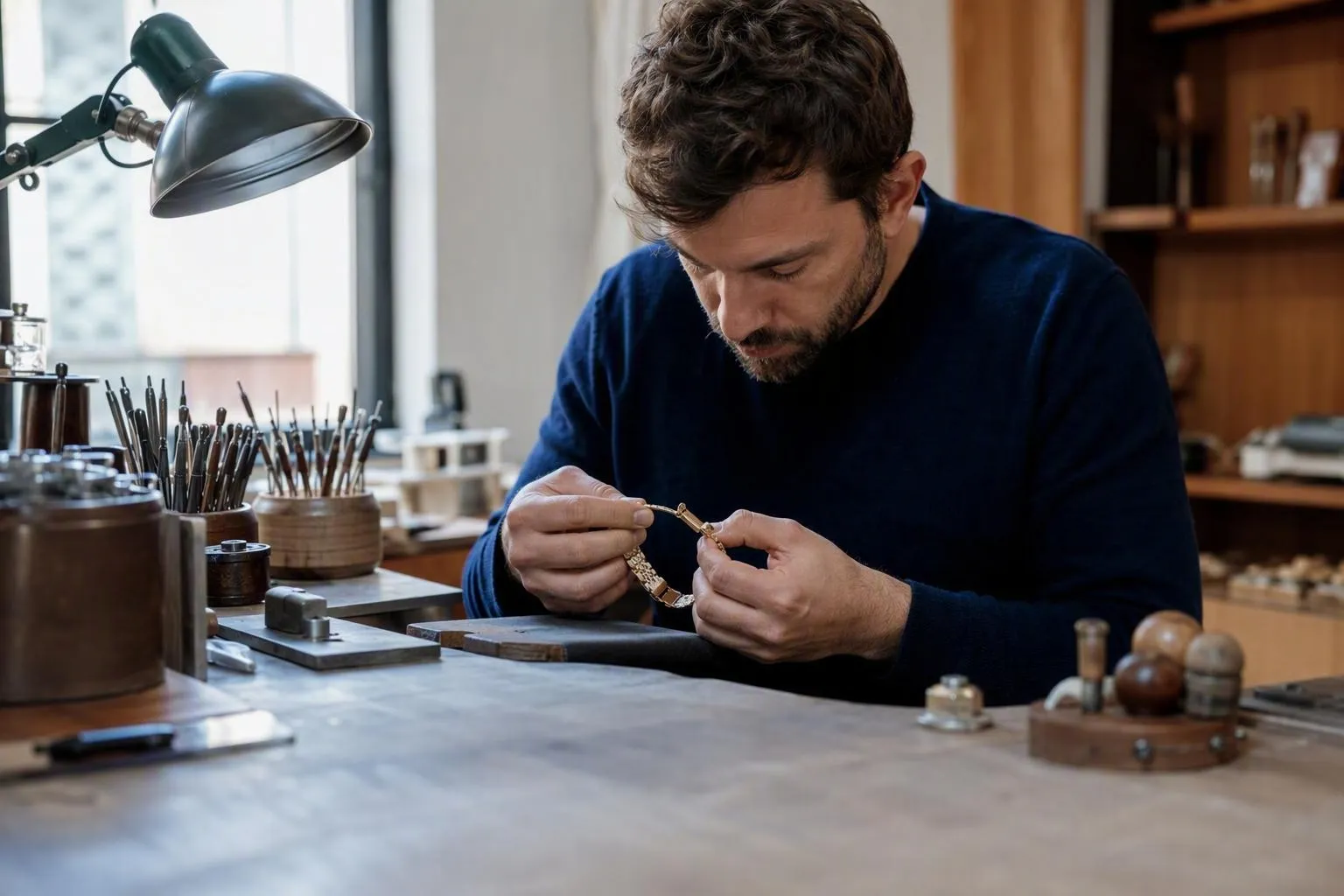 Horloger concentré assemblant une montre dans son atelier.