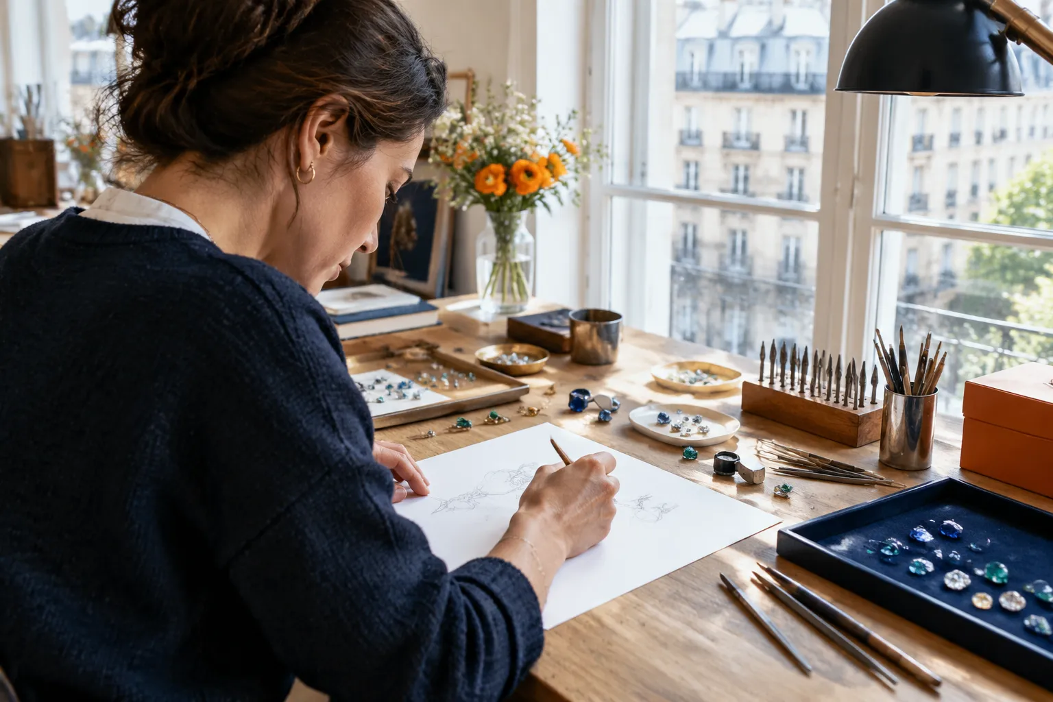 Artisane dessinant des bijoux dans un atelier lumineux.