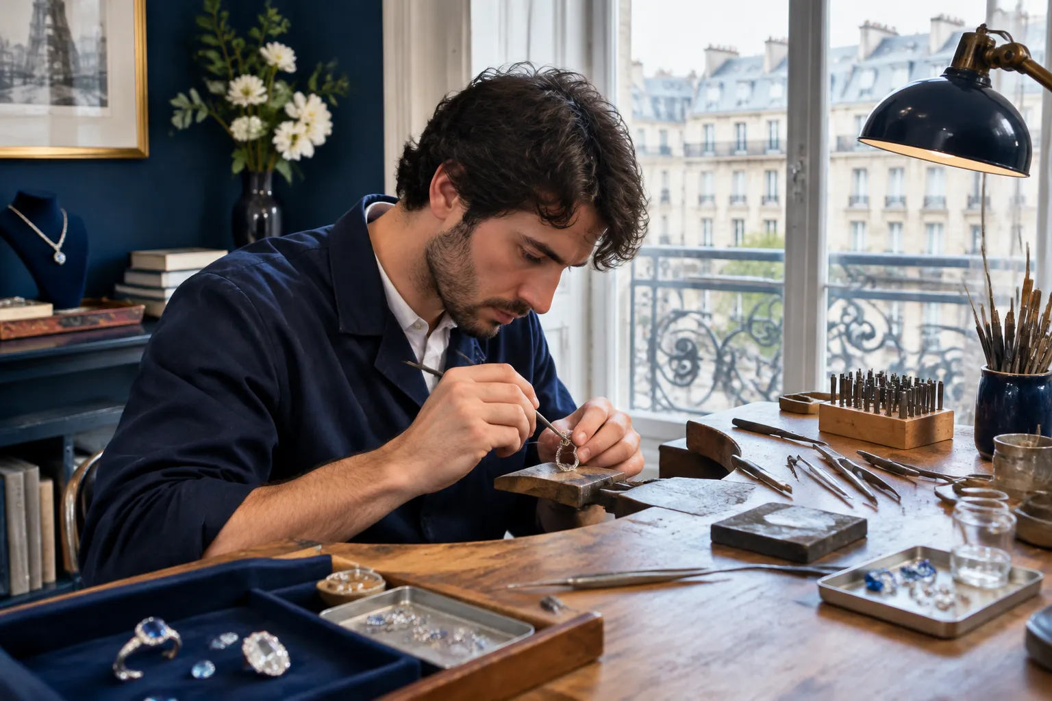 Bijoutier concentré fabriquant une bague dans son atelier parisien