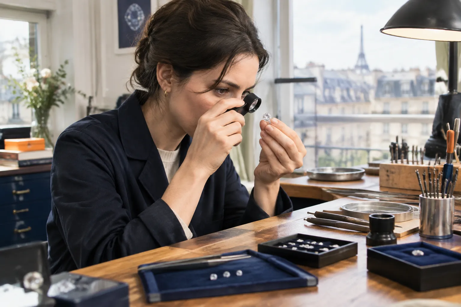 Bijoutière examine un diamant à la loupe, atelier parisien