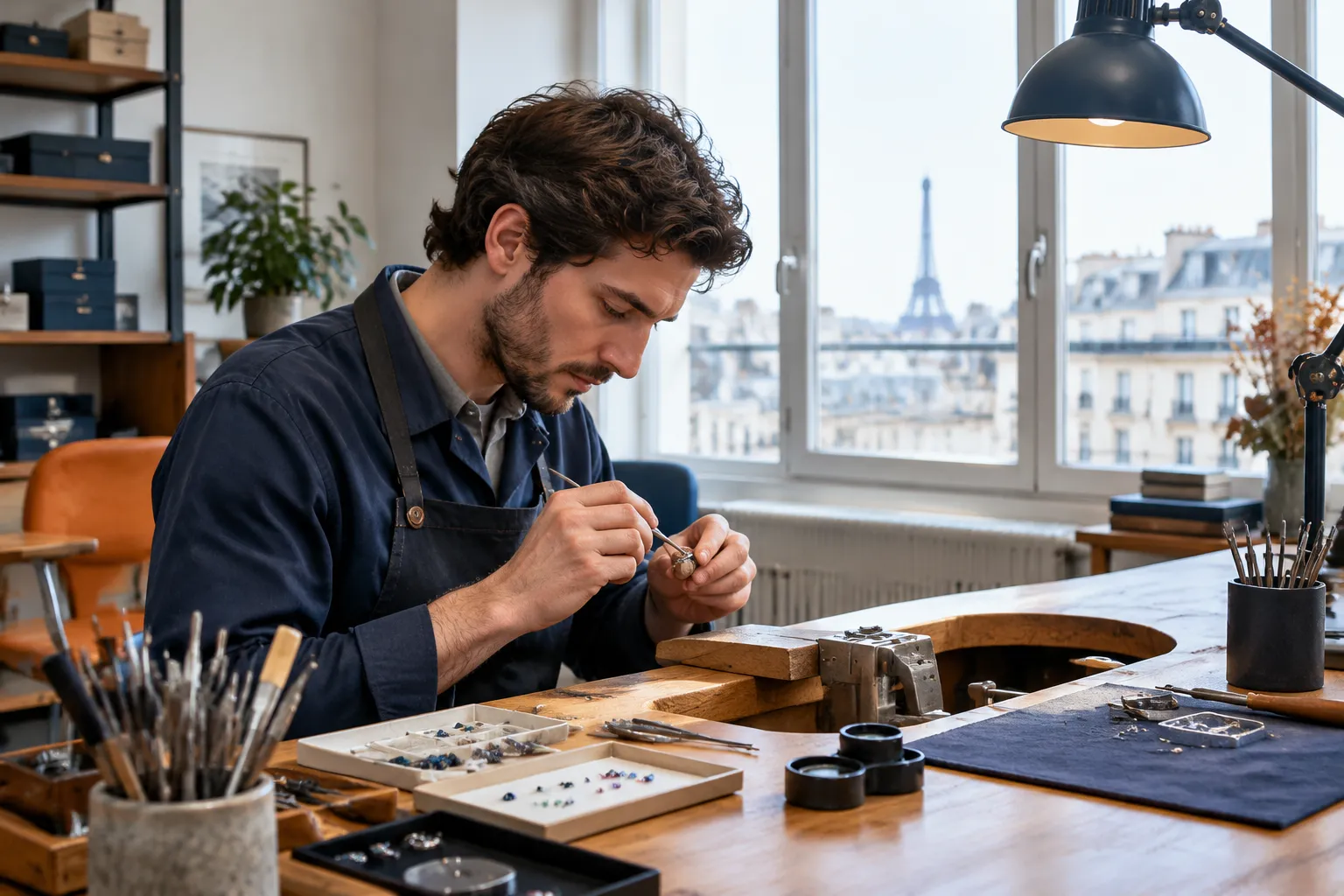 Artisan bijoutier travaillant dans un atelier parisien lumineux