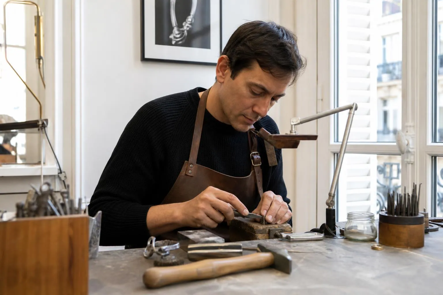 Un artisan travaillant avec des outils dans son atelier.