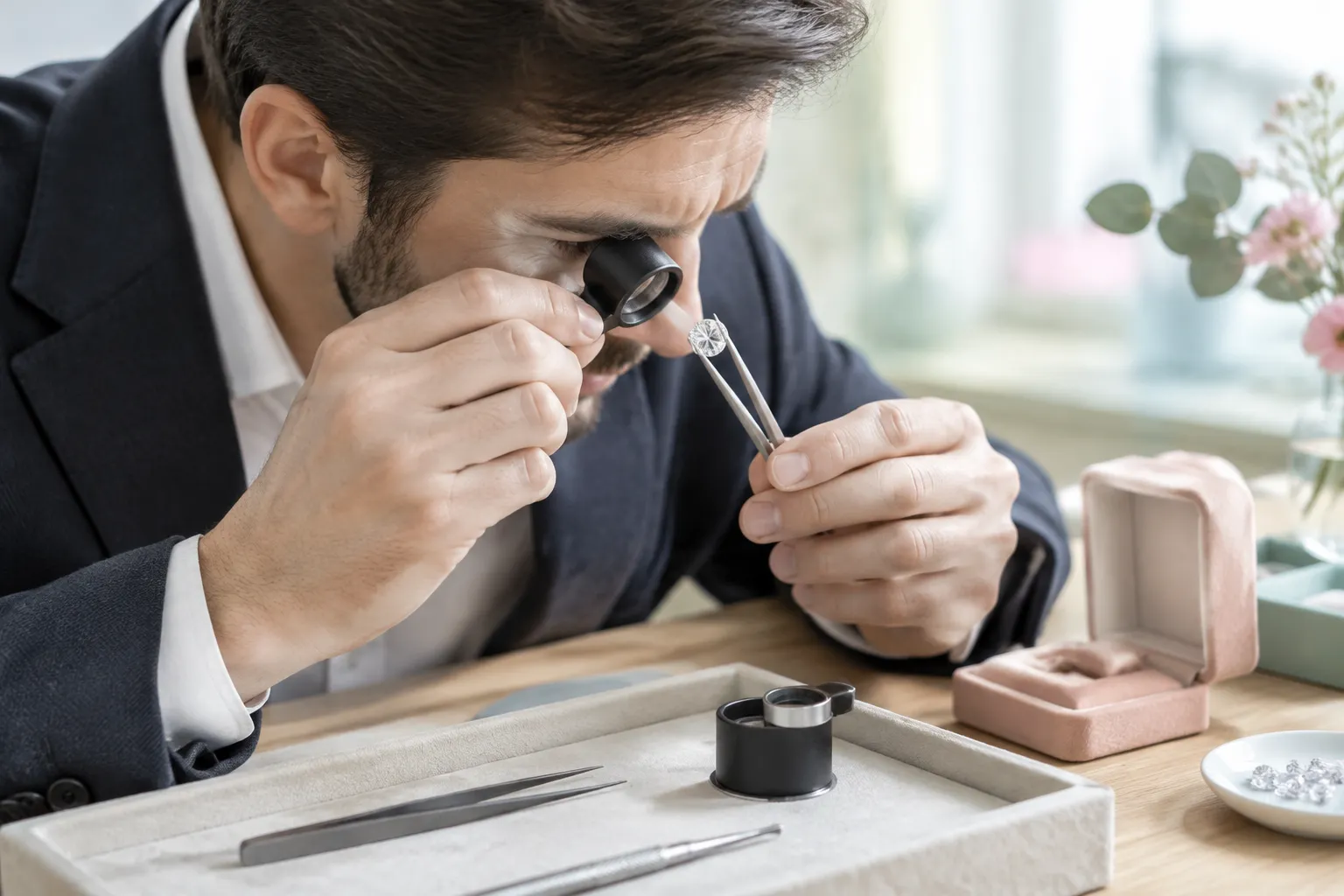 Bijoutier examinant un diamant avec loupe et pince.