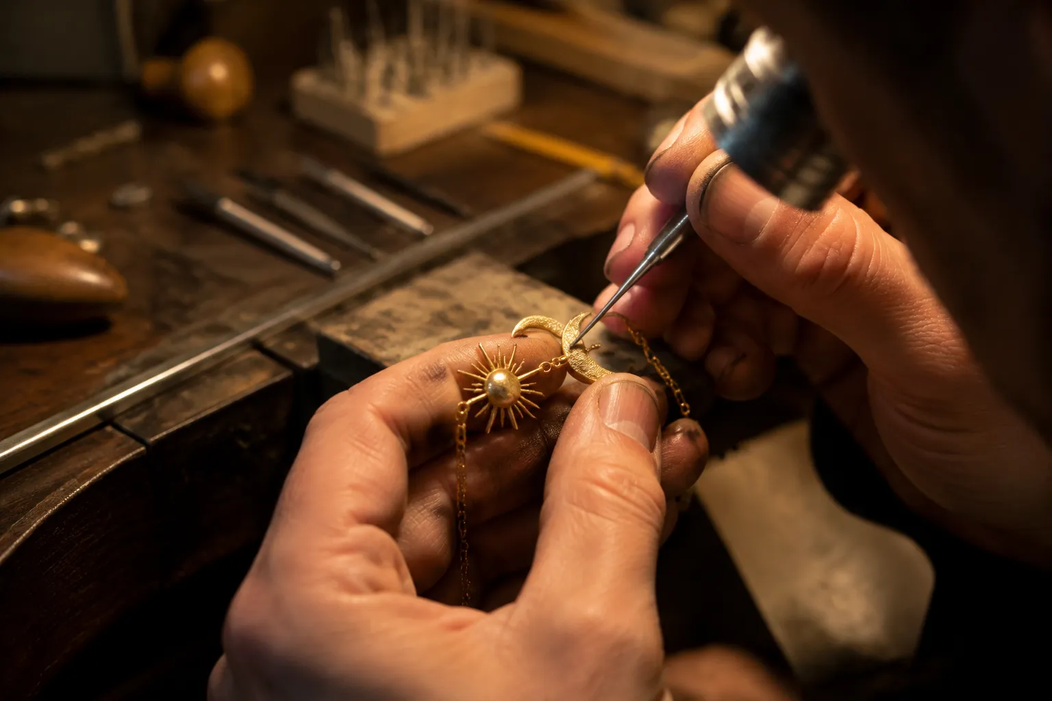 Mains d'artisan réparant un bijou doré avec un outil.