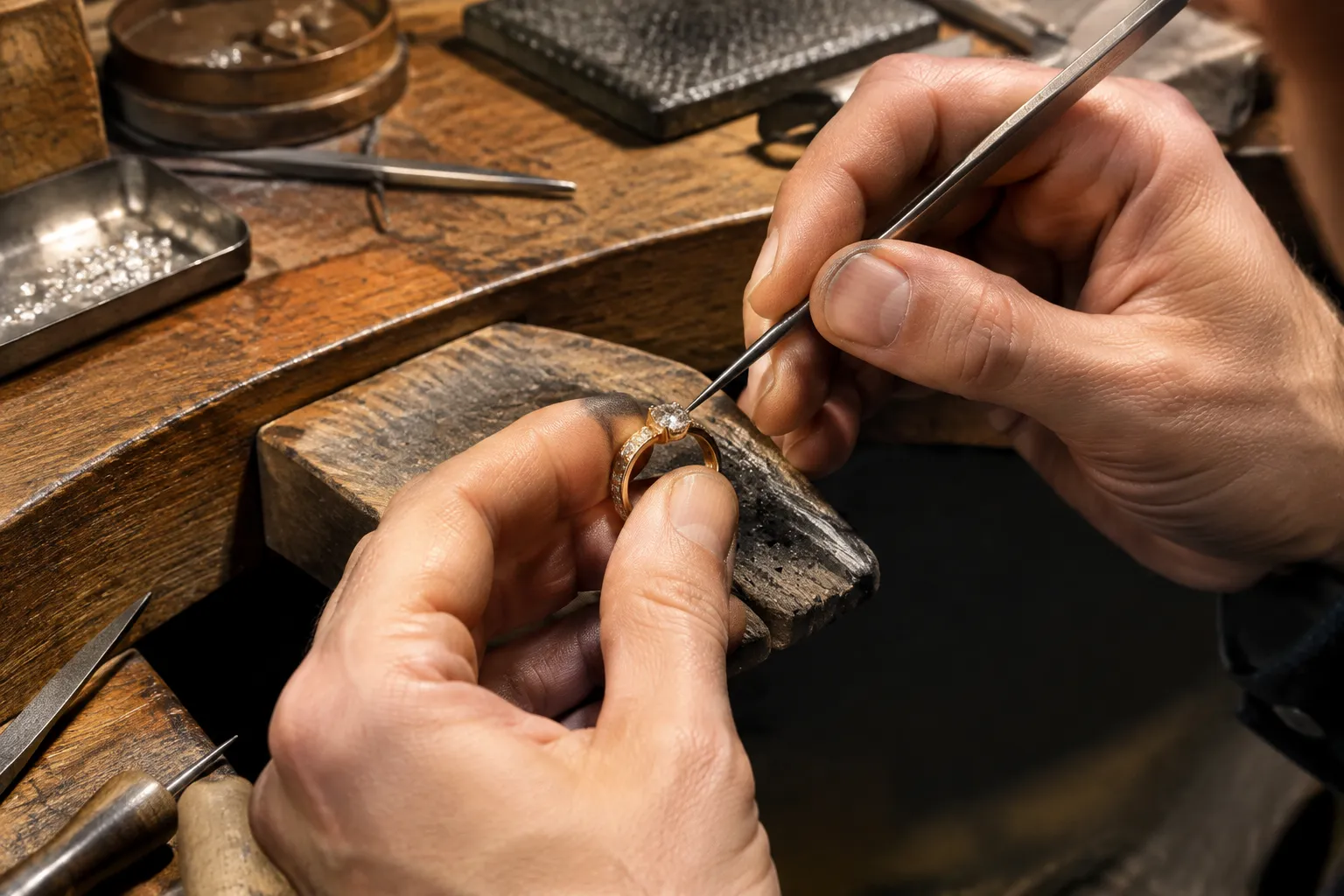 Mains de bijoutier travaillant sur un anneau de fiançailles.
