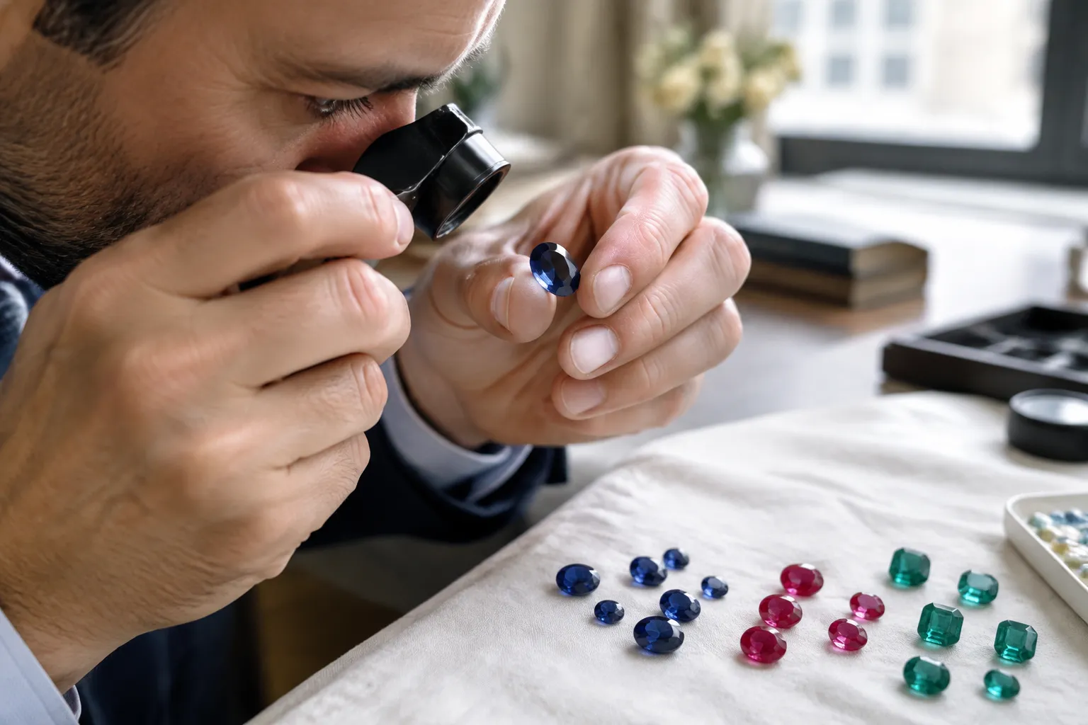 Gemmologue examinant un saphir bleu à la loupe, pierres colorées disposées.