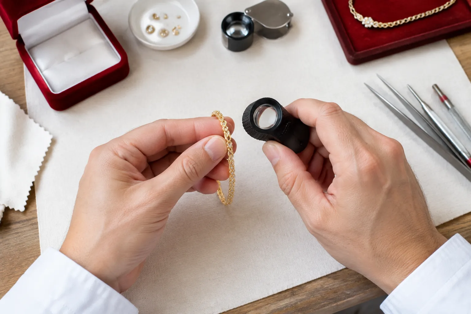 Bijoutier examine une chaîne en or à la loupe.
