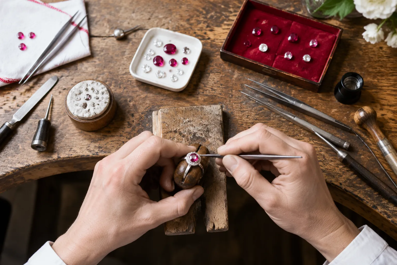 Bijoutier sertissant une pierre rubis sur une bague artisanale.