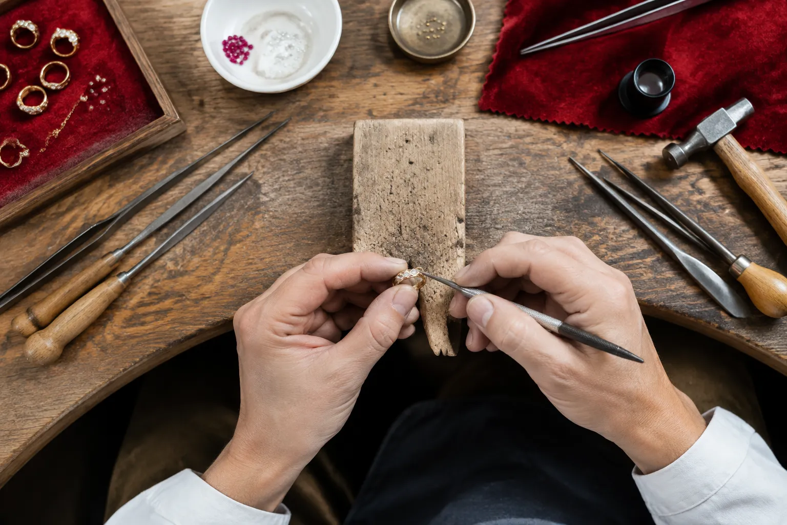 Artisan façonnant une bague avec outils de joaillerie