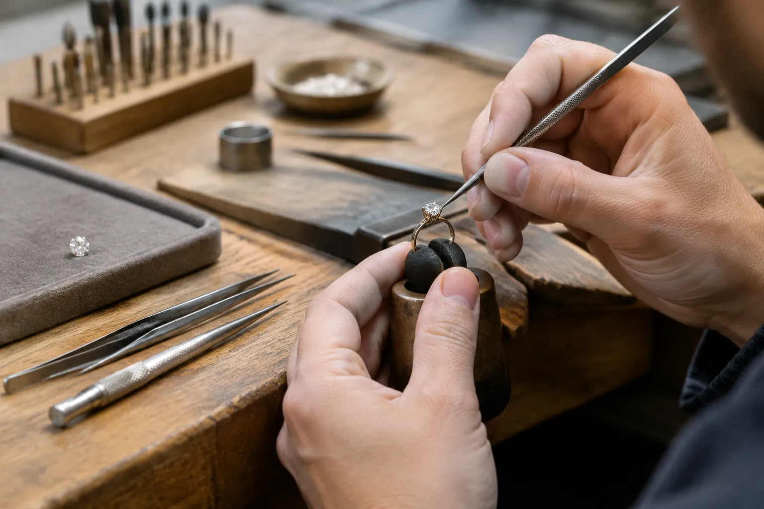 Atelier de joaillerie avec outils et diamants sur table en bois.