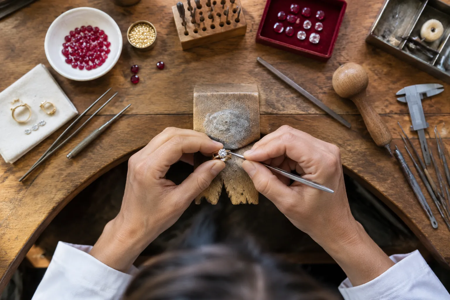 Artisan sertissant une pierre précieuse sur établi de joaillerie