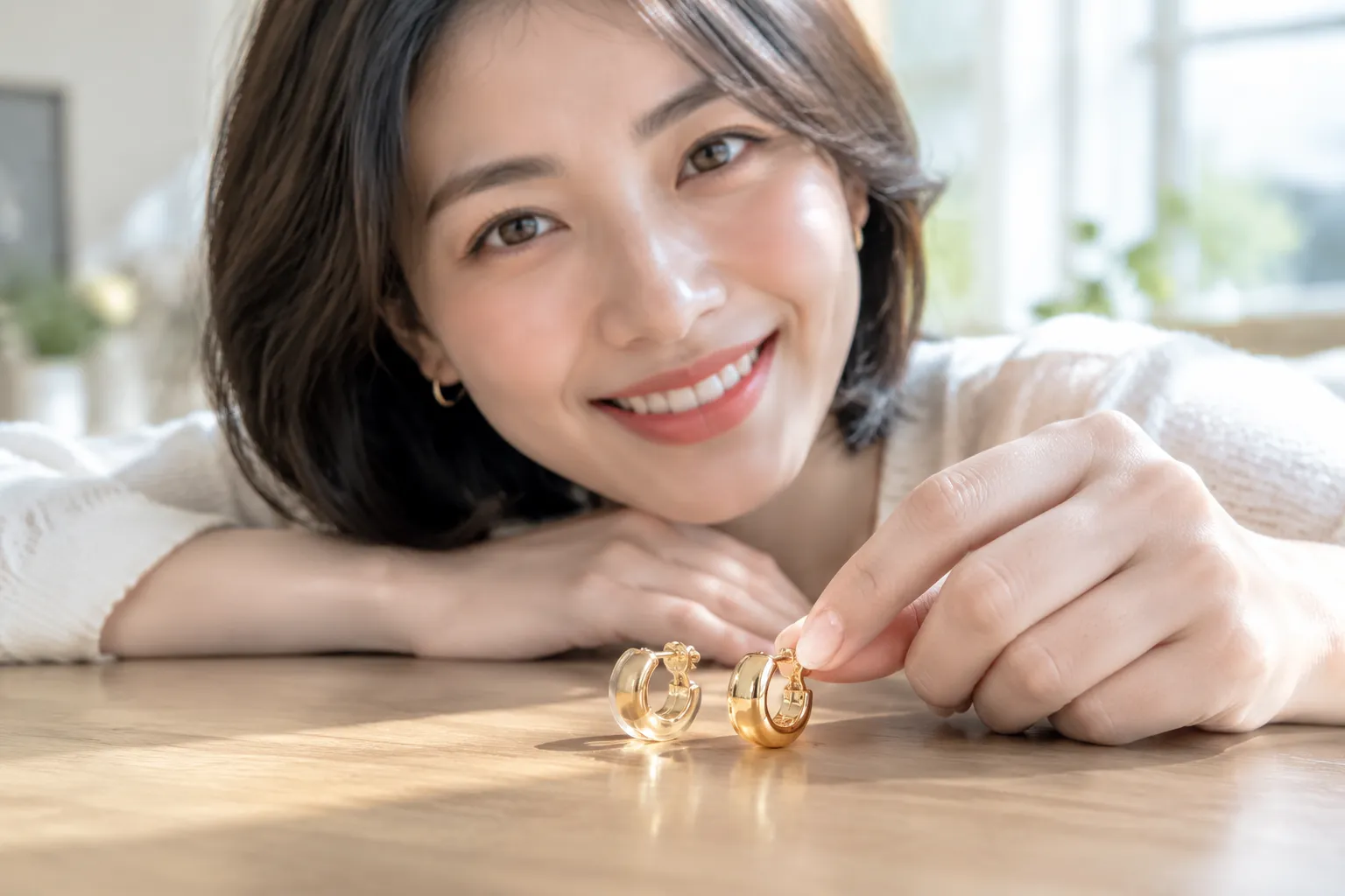 Femme tenant des boucles d’oreilles 18 k et 24 k en or, photoréalisme, ambiance chaleureuse.