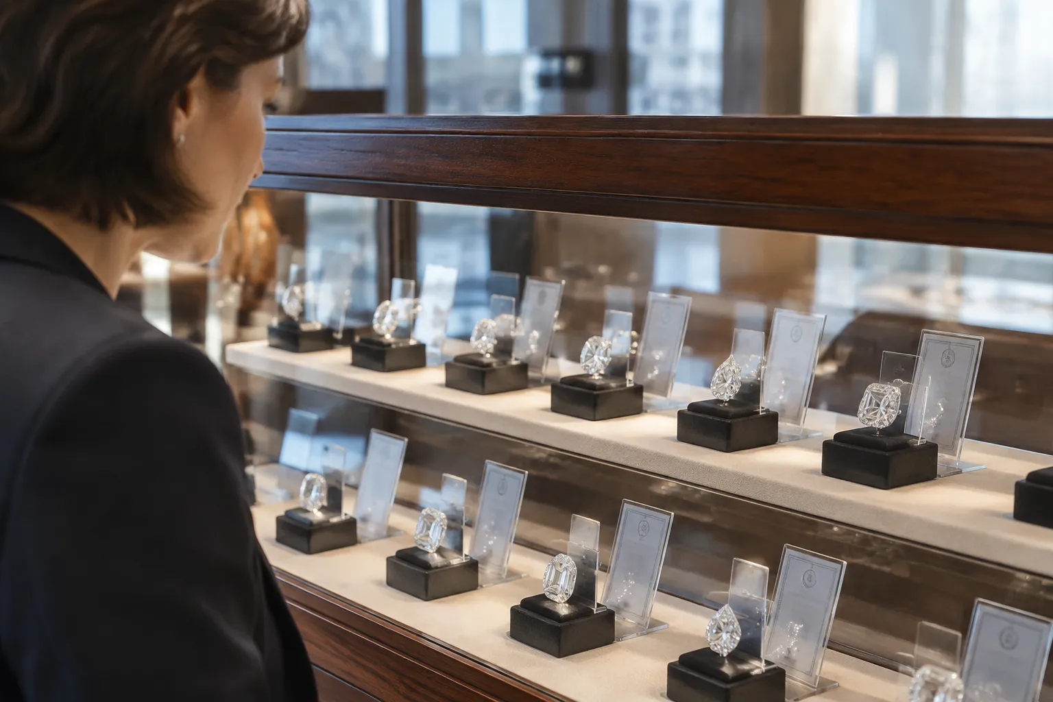 Diamant brillant avec certificat GIA exposé sur étagère en bois éclairée par lumière naturelle.