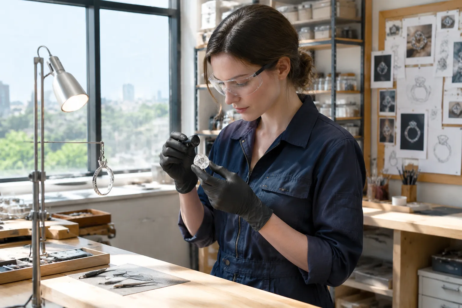 Artisan créant une bague d'anniversaire en diamant dans un atelier lumineux, montrant le diamant brut et les outils de bijout