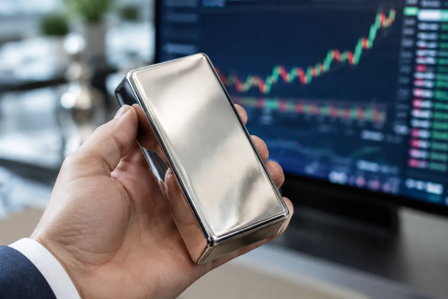 Barre de palladium poli affichée en gros plan, reflet métallique et prix numérique en arrière‑plan flou.
