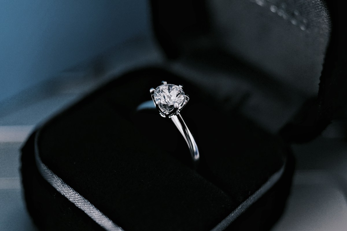 Bague solitaire en diamant dans un écrin noir.