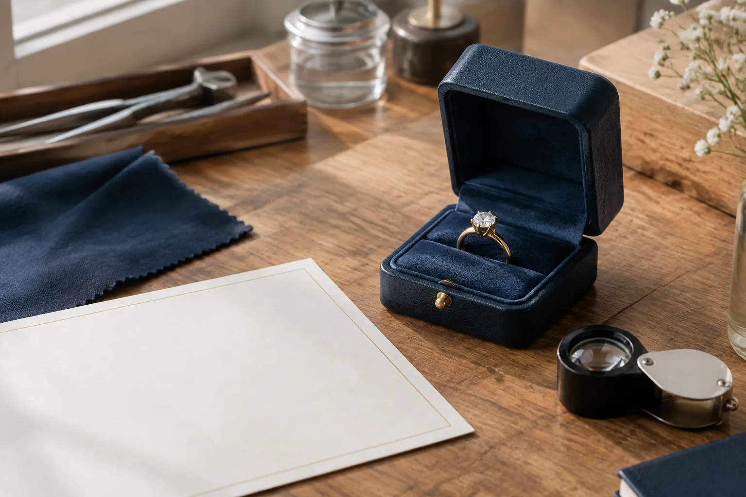Bague en or dans écrin bleu sur établi d’orfèvre
