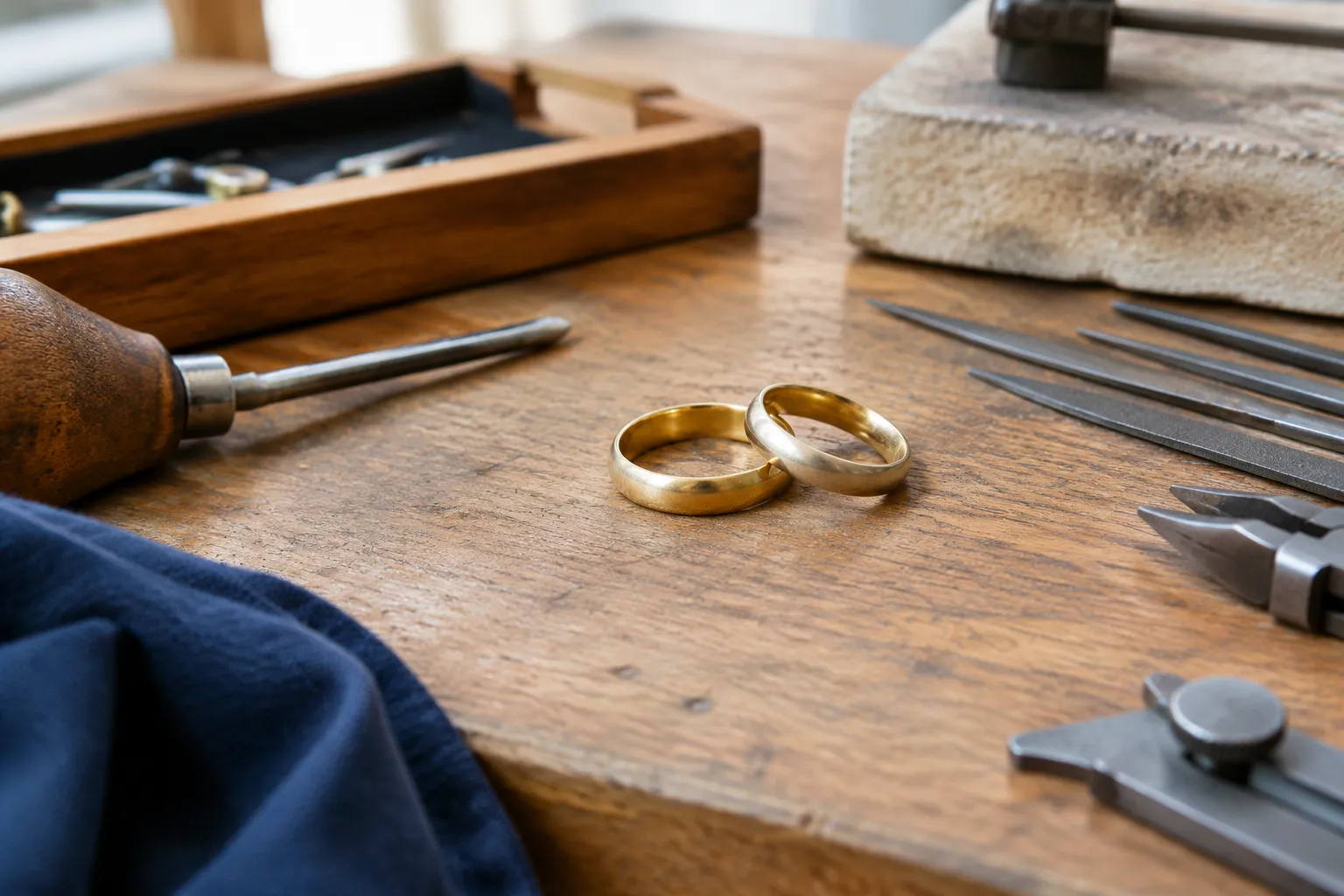 Deux alliances dorées parmi les outils d’un atelier de bijoutier