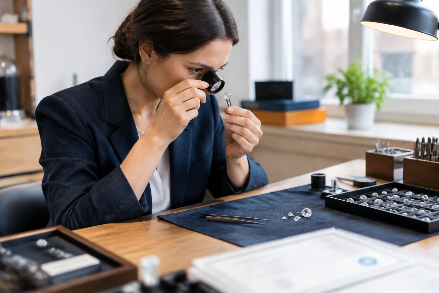 Bijoutière examine un diamant à la loupe, entourée de bijoux trillés