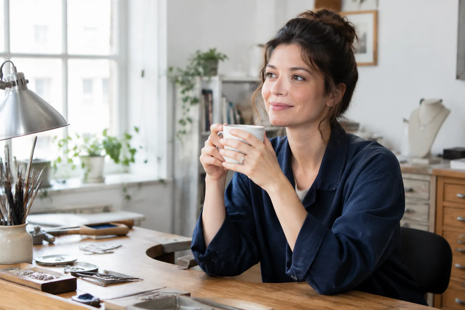 Femme souriante buvant du café dans un atelier lumineux