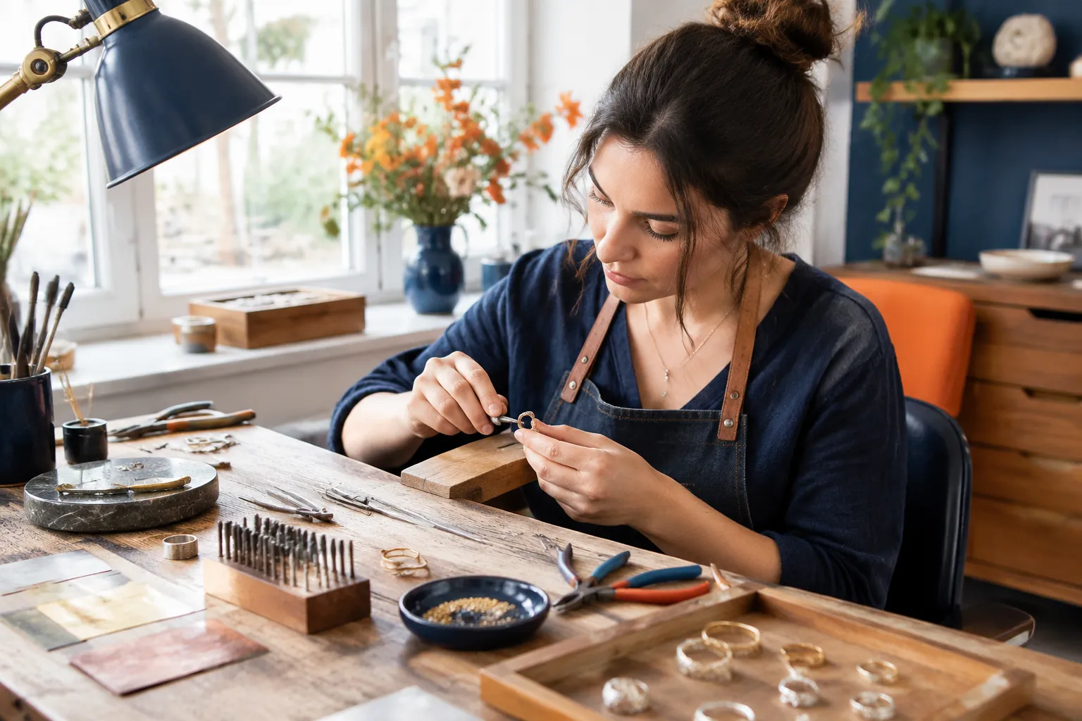 Artisane fabriquant une bague dans son atelier de joaillerie