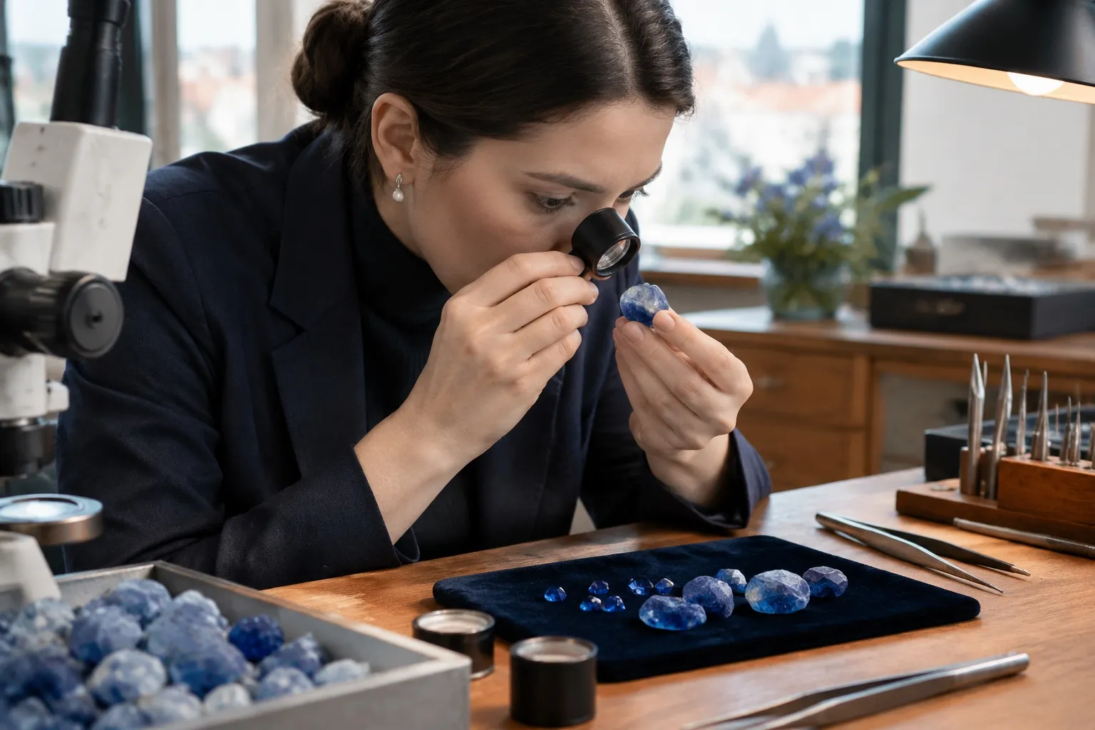 Gemmologue examinant une pierre précieuse bleue à la loupe
