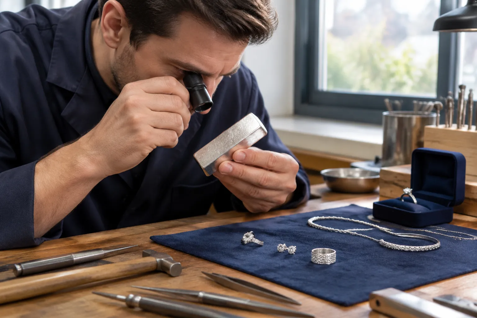 Bijoutier examinant une pièce d’argent au microscope, outils et bijoux visibles