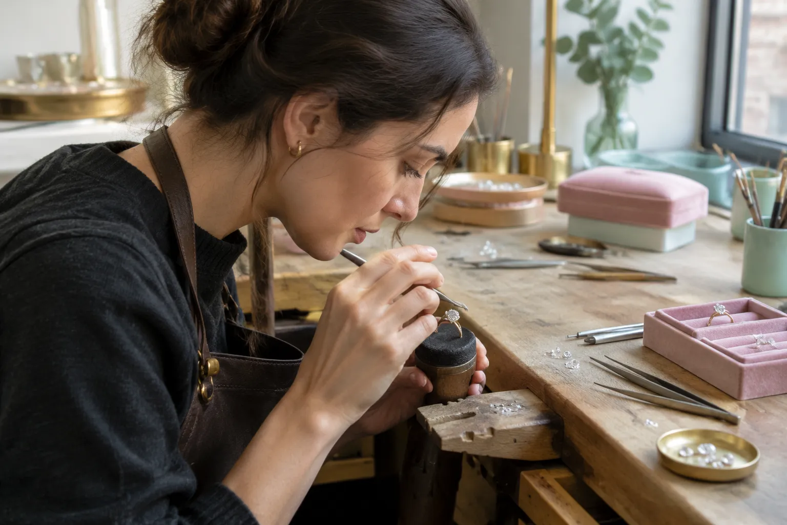 Artisane façonne une bague dans son atelier de joaillerie
