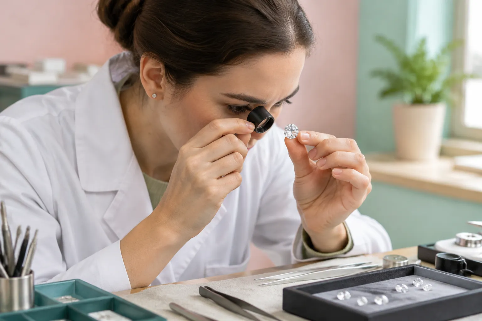 Experte examine un diamant à la loupe dans son atelier.