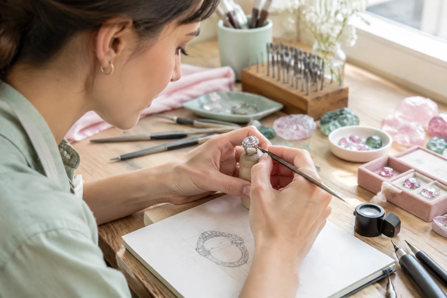 Artisane fabriquant une bague dans un atelier de joaillerie