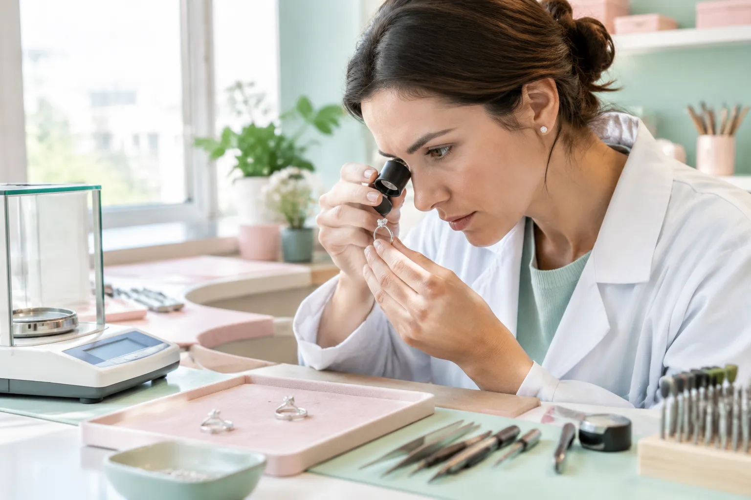 Bijoutière examinant une bague avec une loupe binoculaire.