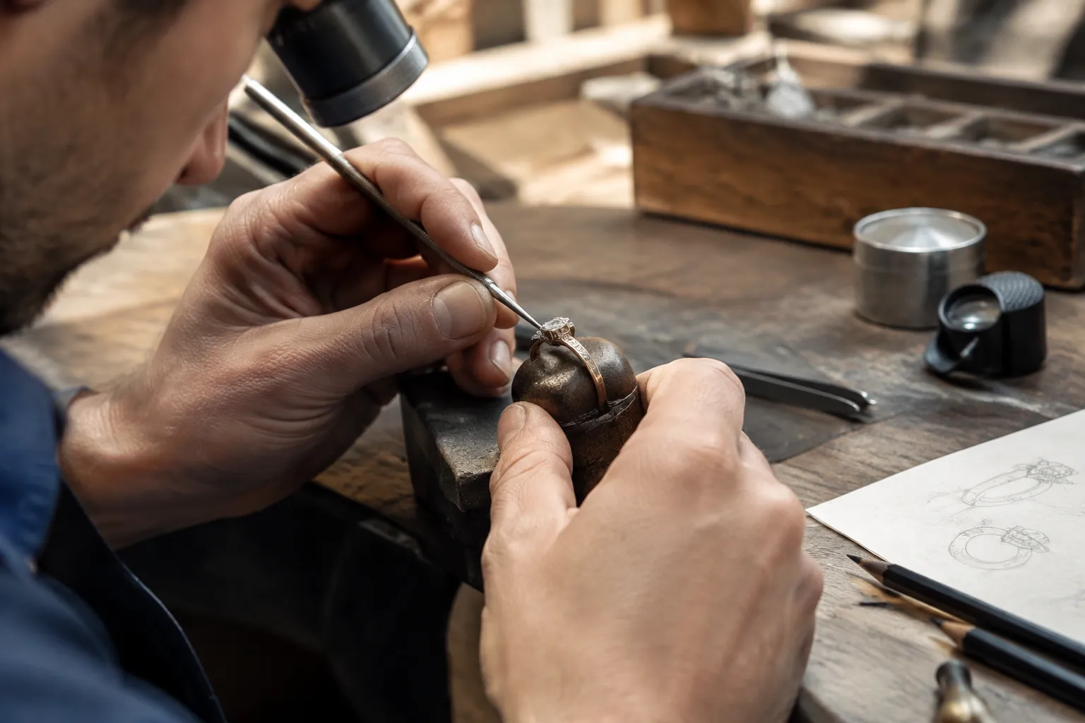 Artisan joaillier sertissant une pierre sous loupe binoculaire