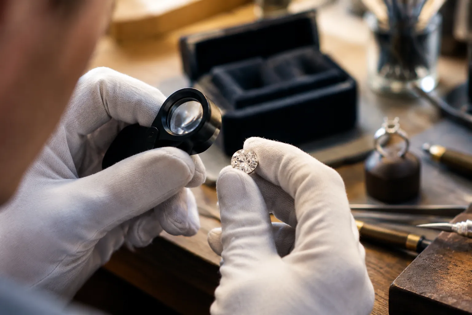 Bijoutier examinant un diamant avec une loupe, gants blancs
