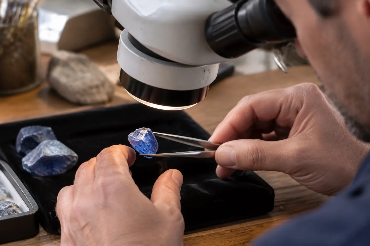 Gemmologue examine un saphir brut bleu au microscope.