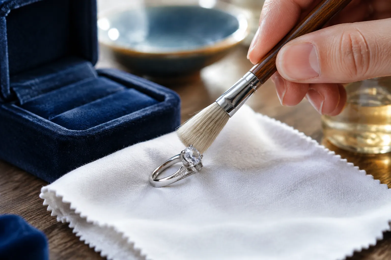 Bague en diamant nettoyée avec une brosse sur chiffon blanc