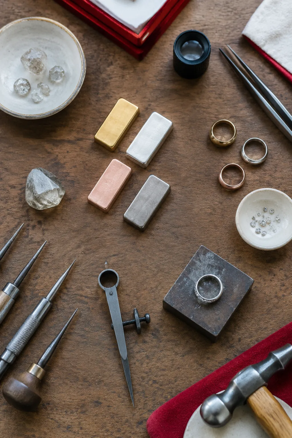 Outils de joaillerie, lingots métalliques, pierres et bagues sur établi bois