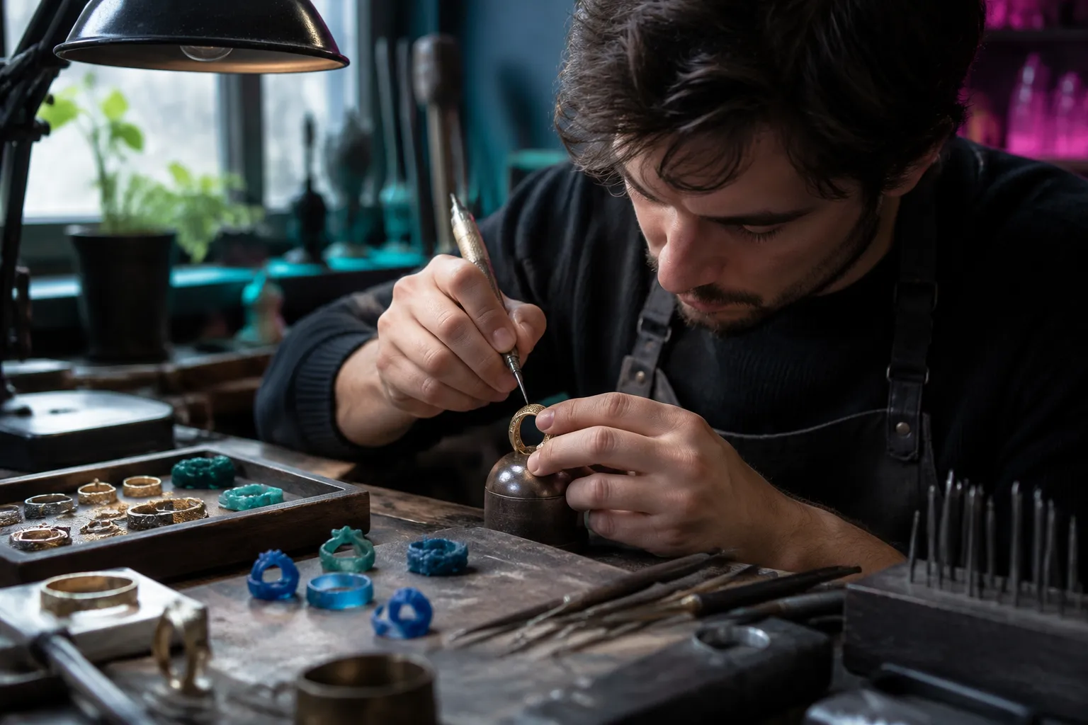 Bijoutier artisanal gravant une bague dans son atelier.